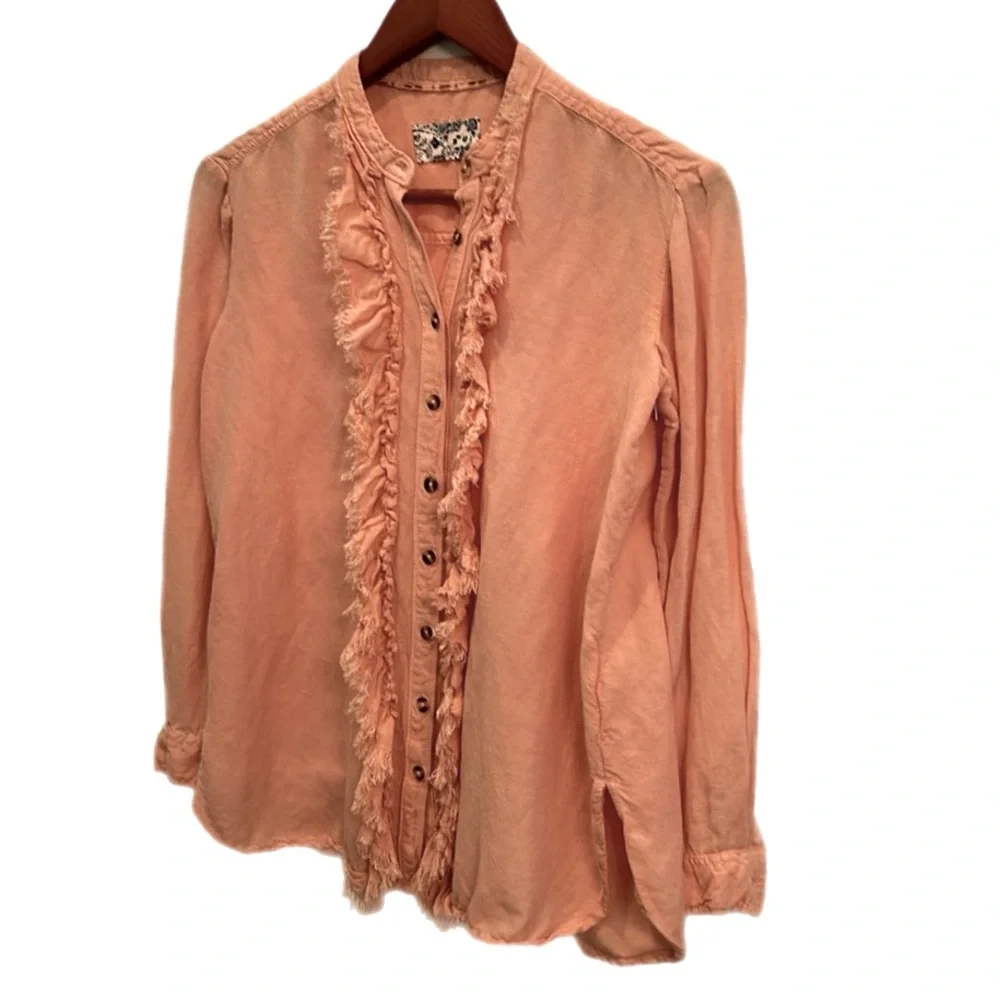 Anthropologie Pilcro linen blend Ruffled Placket Shirt peach - Picture 13 of 13